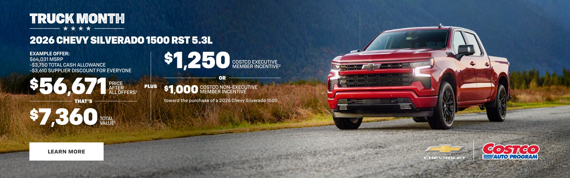 2026 Chevy Silverado 1500 RST 5.3L. EXAMPLE OFFER: $64,031 MSRP - $3,750 Total Cash Allowance - $...